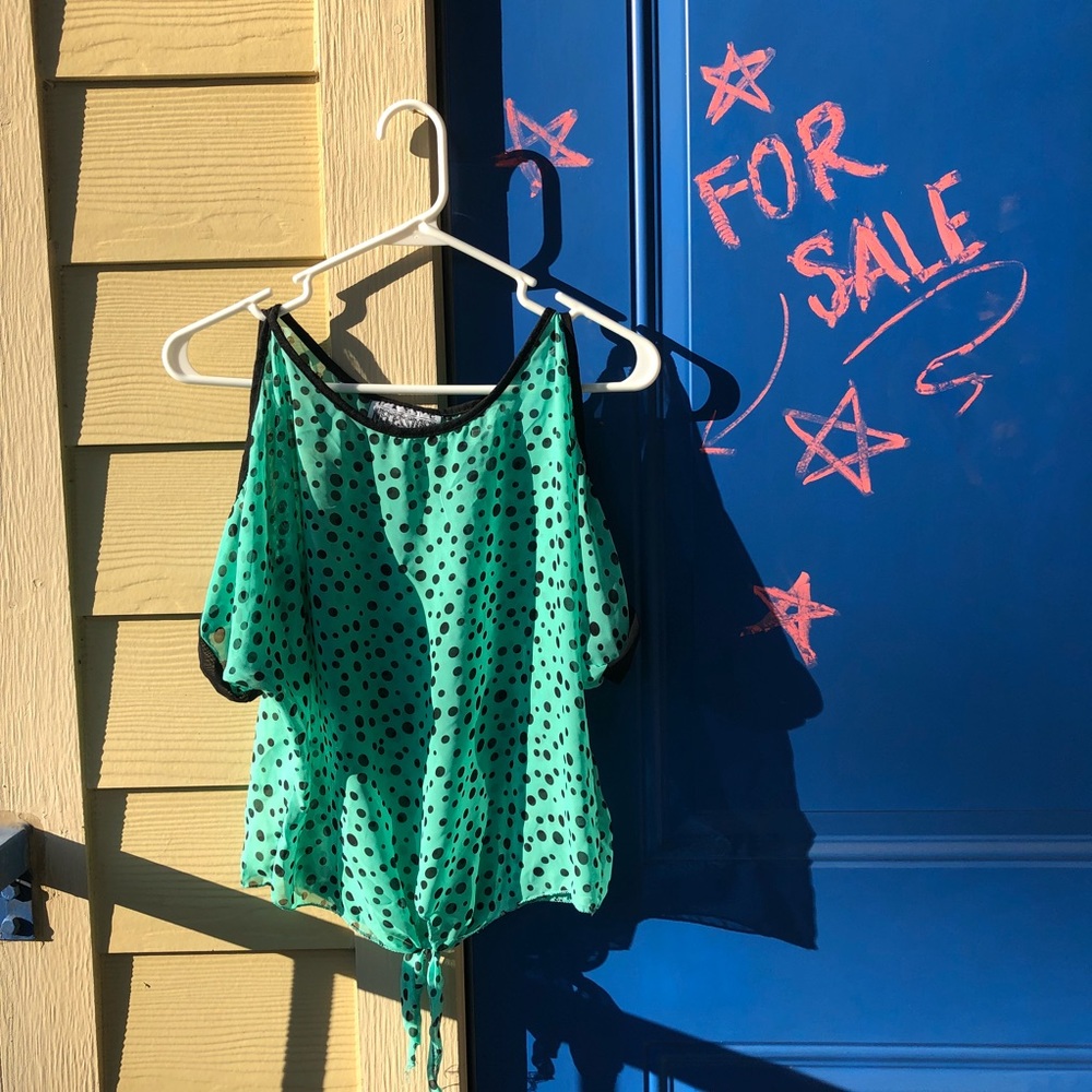 Polka dot turquoise dressy sheer top